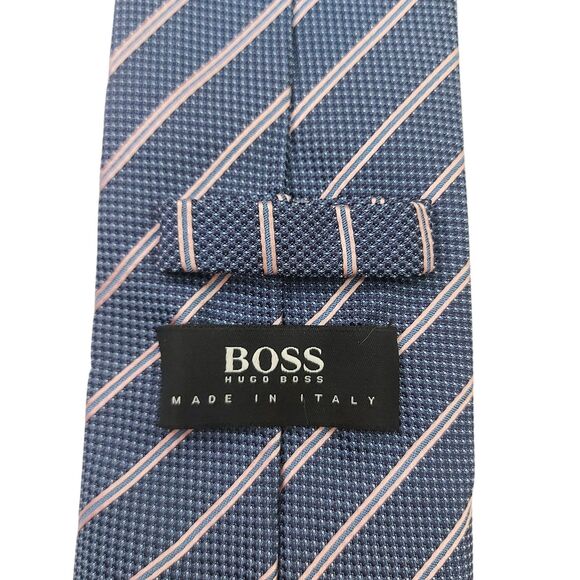 Boss Hugo Boss Tie Mens Blue Silk Narrow Stripes Luxury Designer Made in Italy - Picture 8 of 11